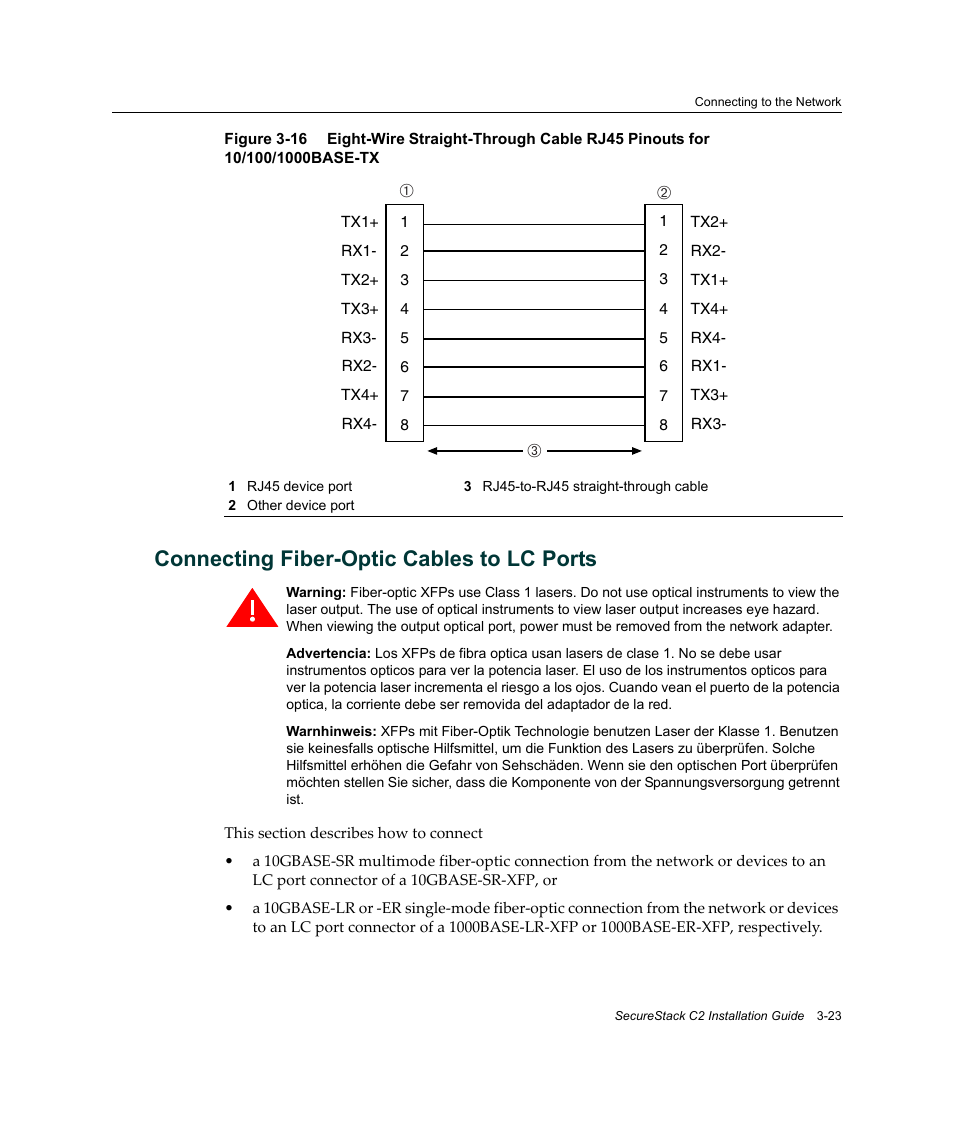 Connecting fiber-optic cables to lc ports, Connecting fiber-optic cables to lc ports -23, Connecting fiber‐optic cables to lc ports | Figure 3‐16 | Enterasys Networks C2K122-24 User Manual | Page 53 / 70