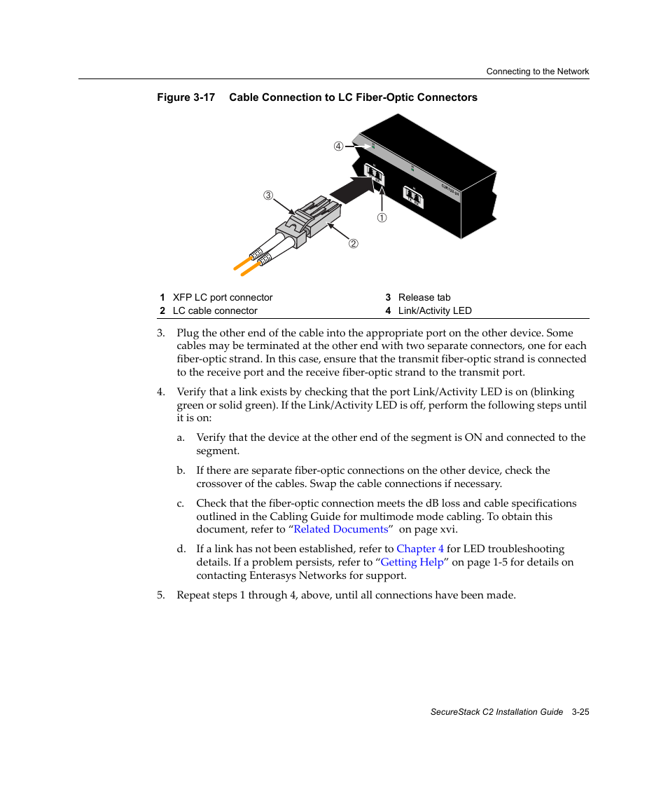 Cable connection to lc fiber-optic connectors -25, Ав б г | Enterasys Networks C2K122-24 User Manual | Page 55 / 70