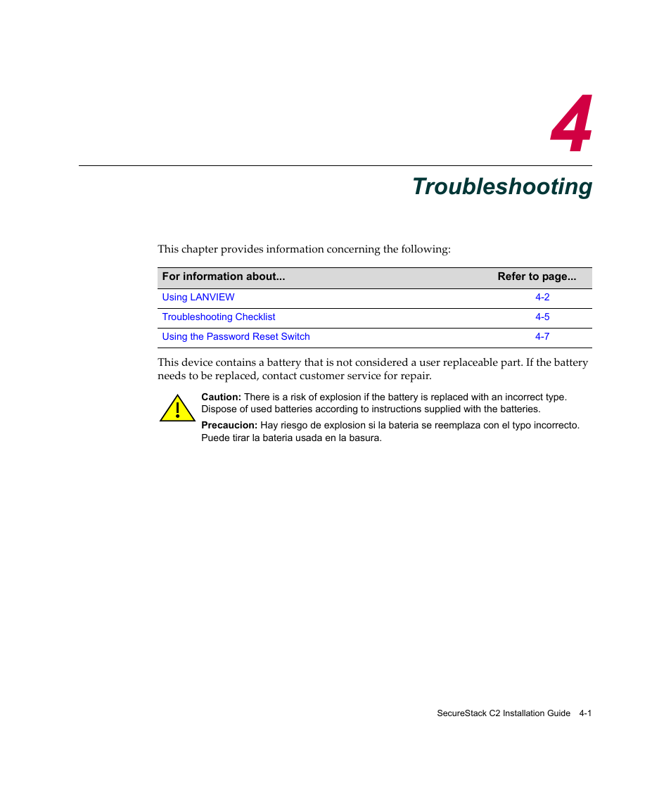 Troubleshooting, Chapter 4: troubleshooting, Hapter 4 | Chapter 4 | Enterasys Networks C2K122-24 User Manual | Page 57 / 70