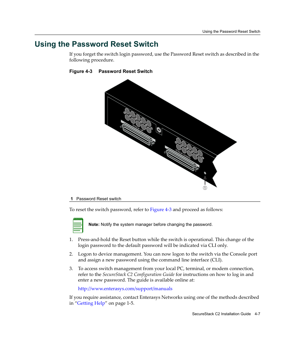 Using the password reset switch, Using the password reset switch -7, Password reset switch -7 | Enterasys Networks C2K122-24 User Manual | Page 63 / 70