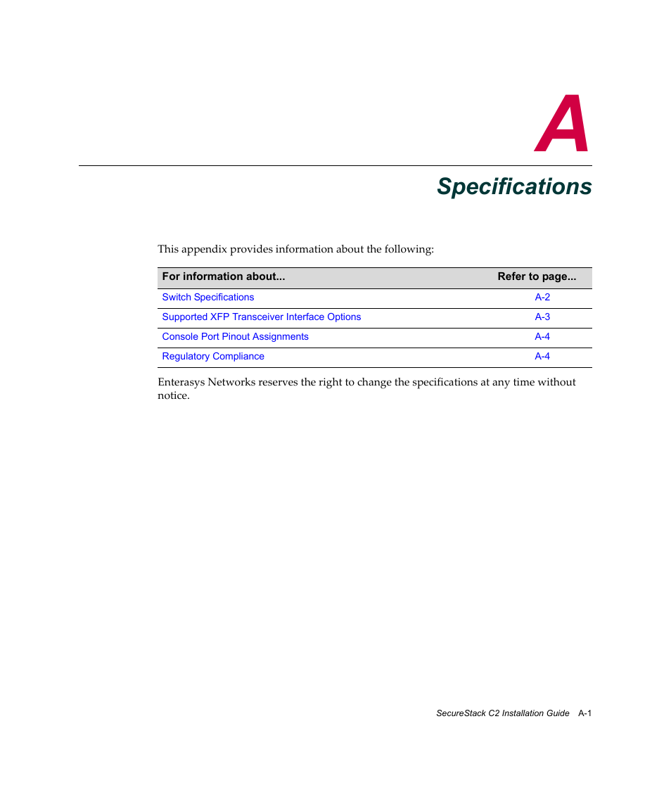 Specifications, Appendix a: specifications, Appendix a | Enterasys Networks C2K122-24 User Manual | Page 65 / 70