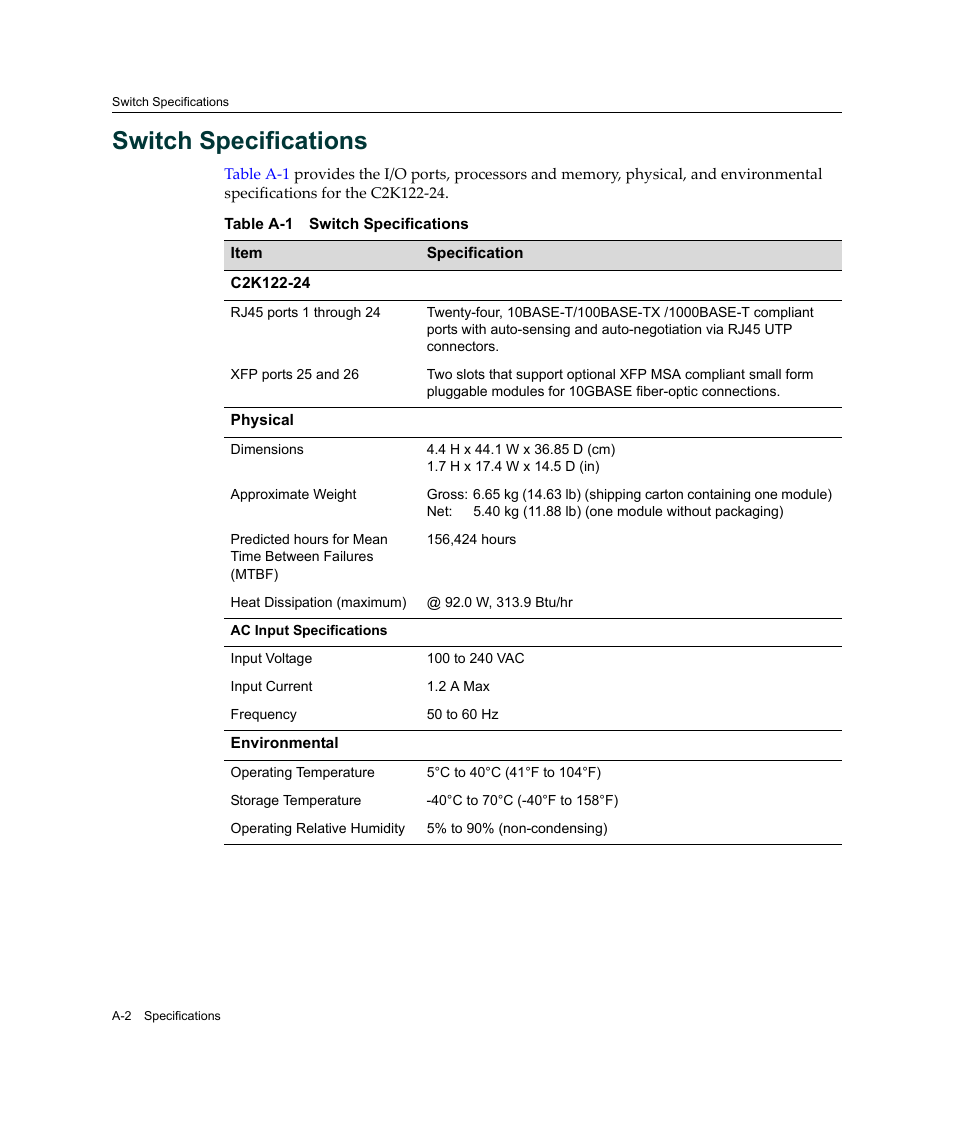 Switch specifications | Enterasys Networks C2K122-24 User Manual | Page 66 / 70