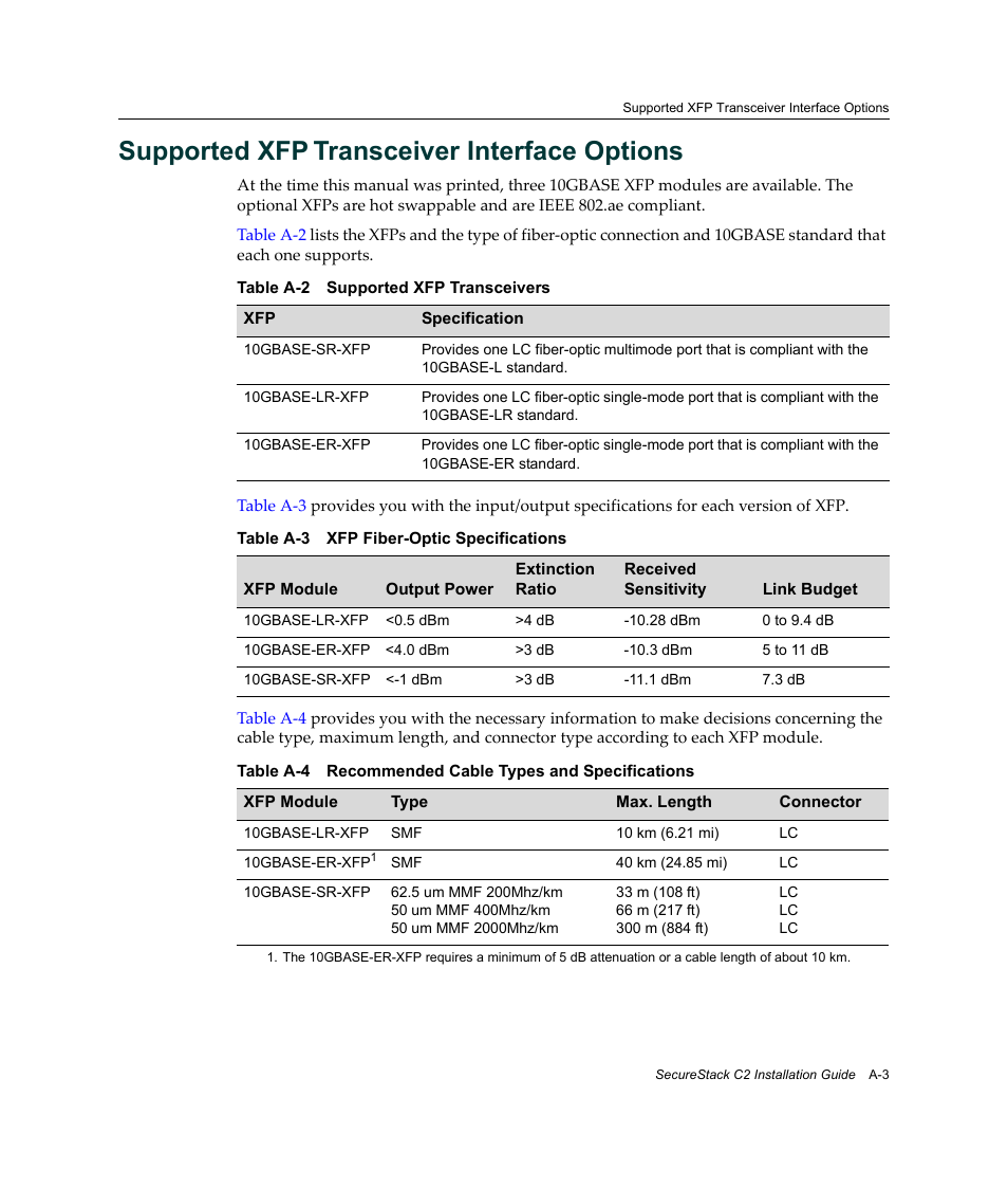 Supported xfp transceiver interface options, Supported xfp transceiver interface, Options | Supported xfp, Transceiver interface options | Enterasys Networks C2K122-24 User Manual | Page 67 / 70