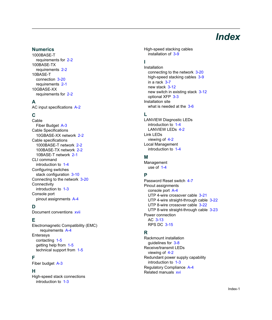 Index, Numerics | Enterasys Networks C2K122-24 User Manual | Page 69 / 70