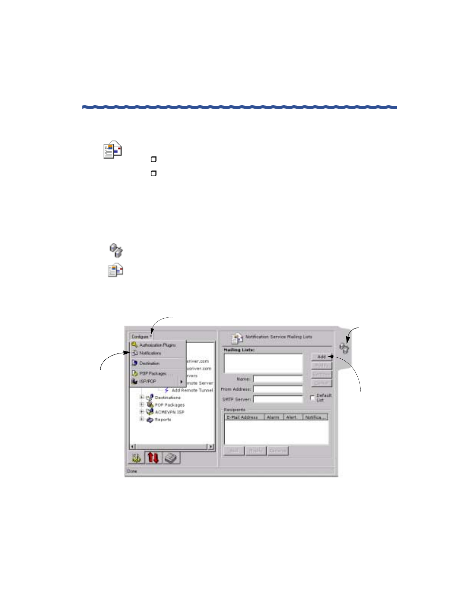 Using the notification service to send e-mail, Creating a mailing list, 1 open the configuration pullout | Enterasys Networks Network Card User Manual | Page 105 / 276