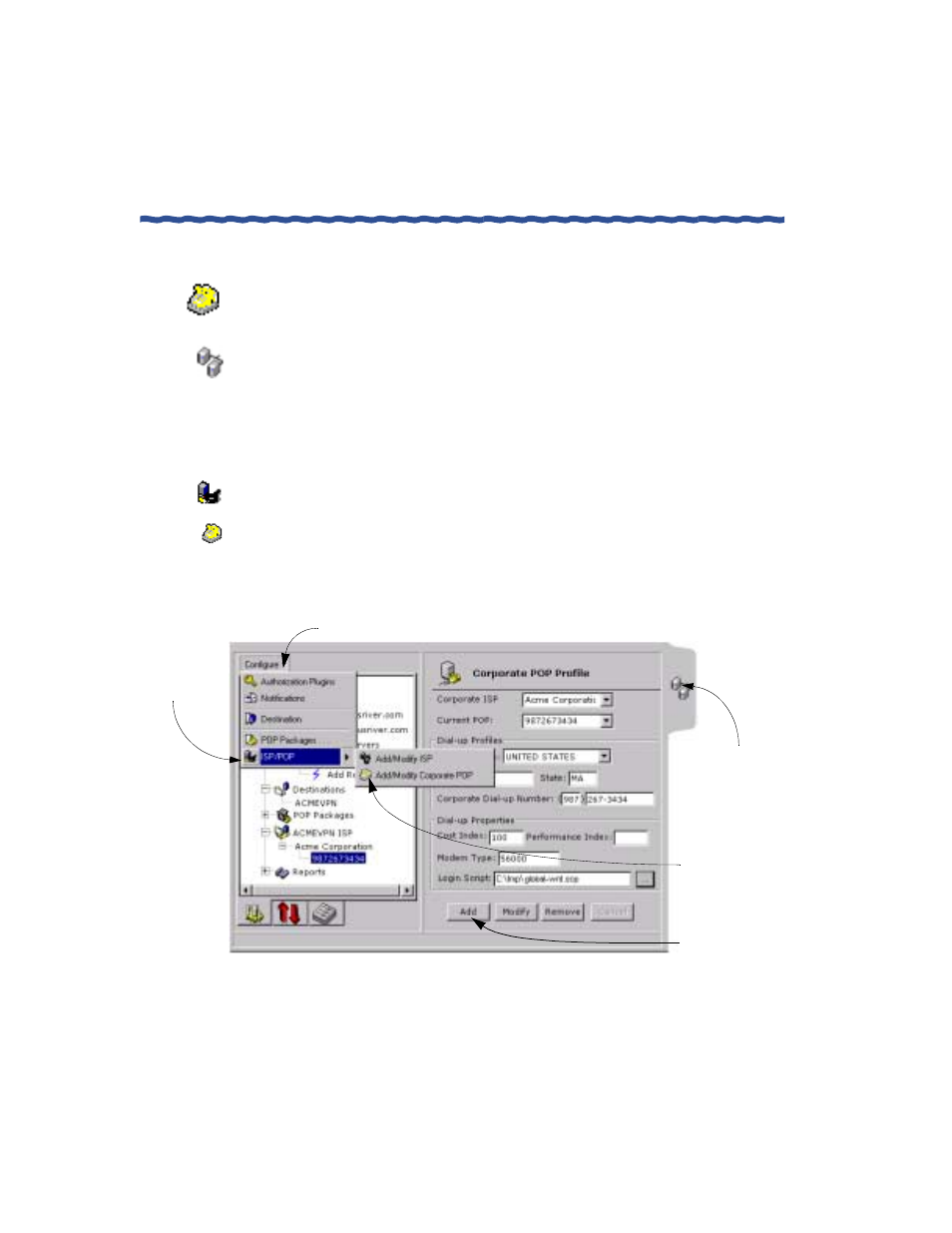Adding pops for corporate isps, 1 open the configuration pullout, 3 choose isp/pop from the menu | 4 choose add/modify pop from the menu | Enterasys Networks Network Card User Manual | Page 126 / 276