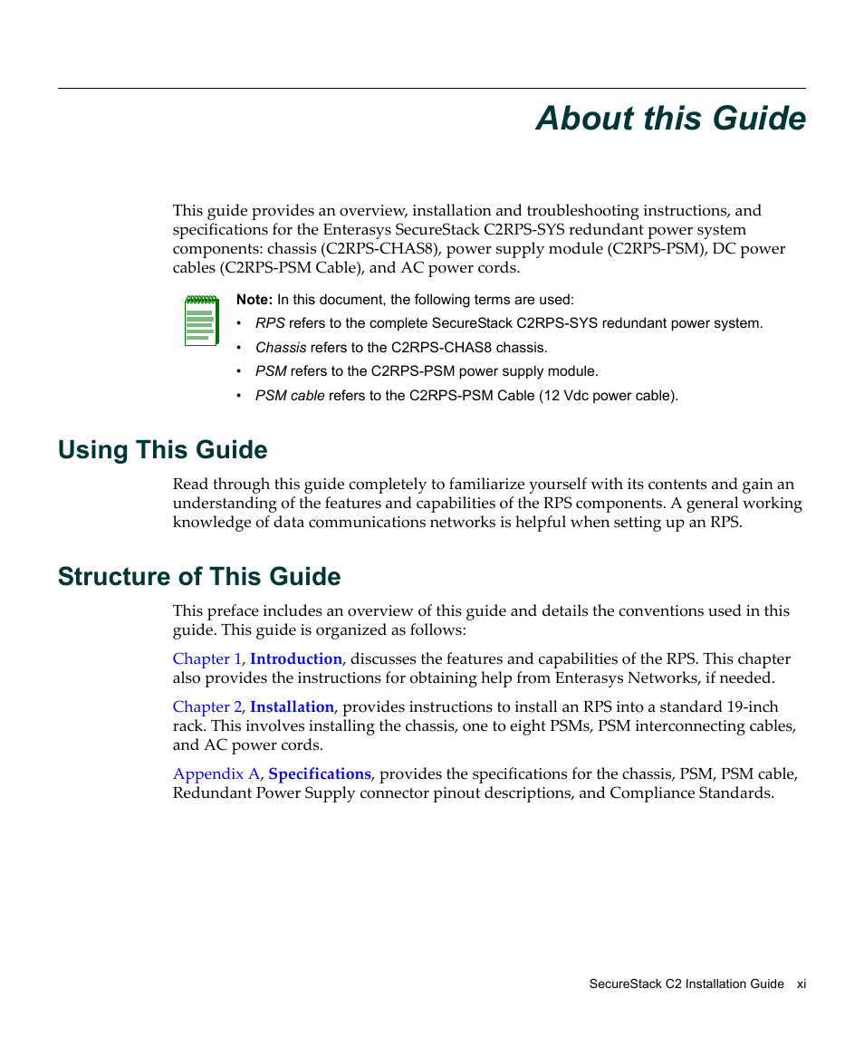 About this guide, Using this guide, Structure of this guide | Enterasys Networks C2RPS-SYS User Manual | Page 13 / 34