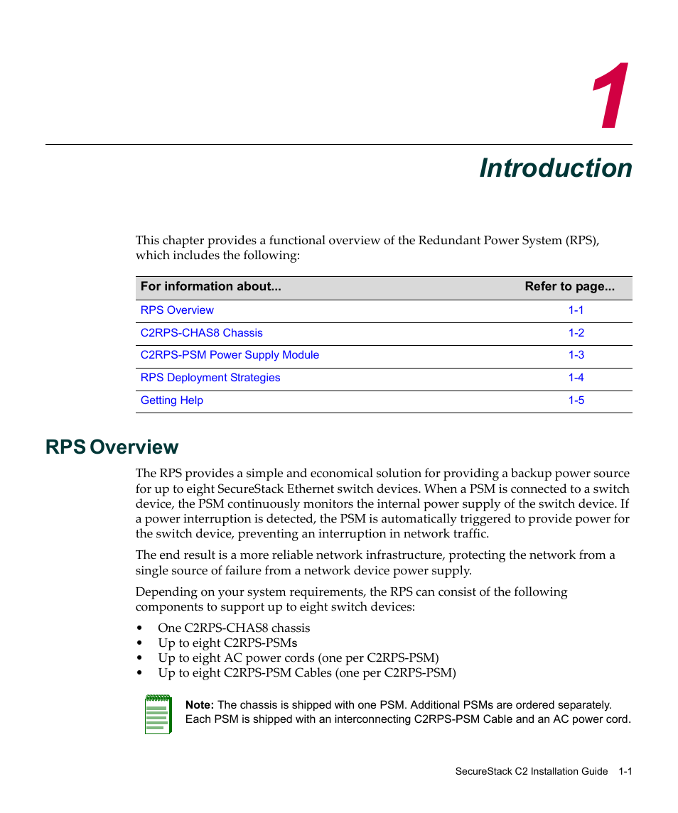 Introduction, Rps overview, Chapter 1: introduction | Rps overview -1, Chapter 1, Overview | Enterasys Networks C2RPS-SYS User Manual | Page 17 / 34