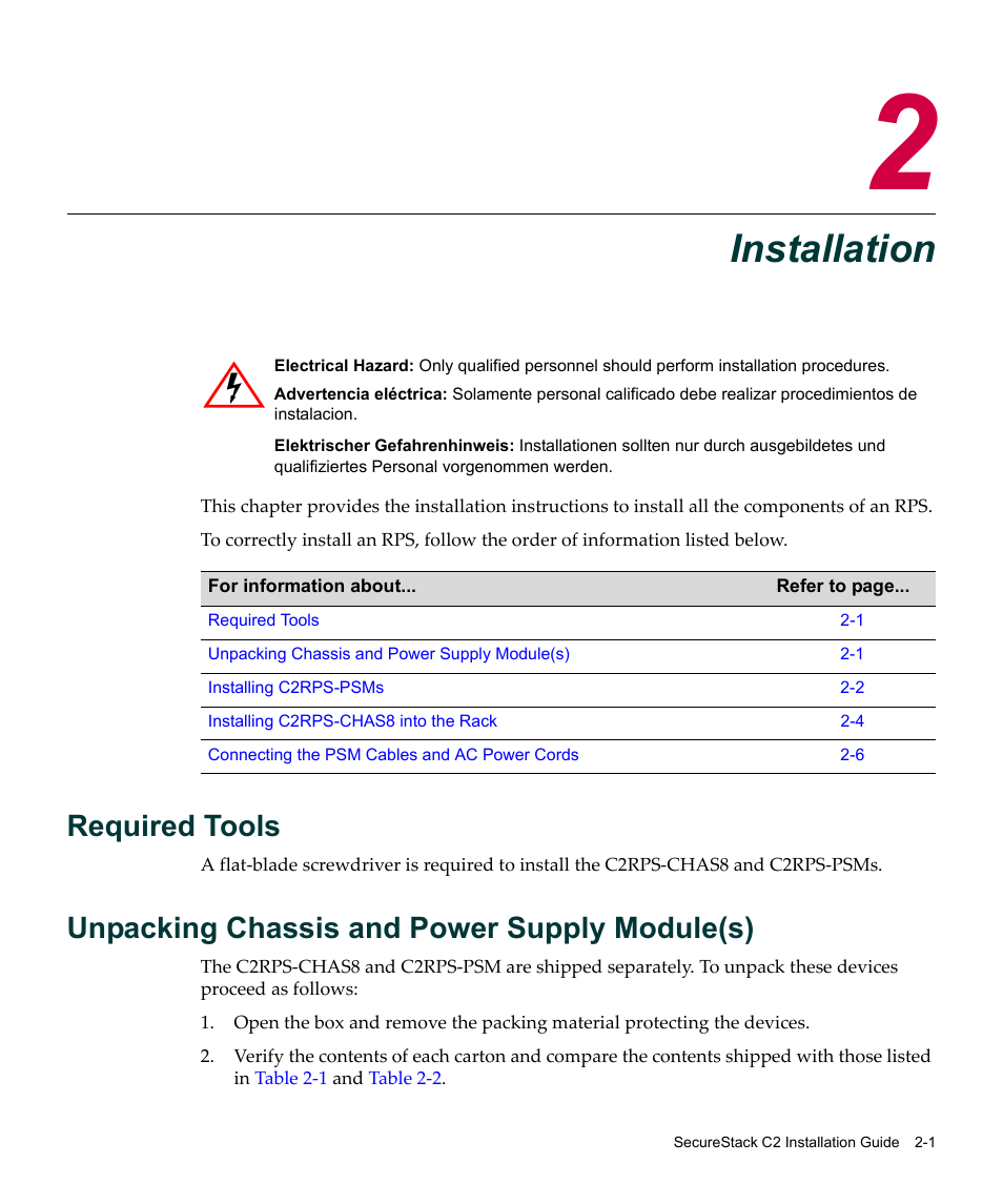 Installation, Required tools, Unpacking chassis and power supply module(s) | Chapter 2: installation, Chapter 2 | Enterasys Networks C2RPS-SYS User Manual | Page 23 / 34