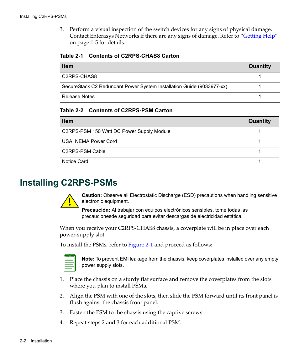 Installing c2rps-psms, Installing c2rps-psms -2, Contents of c2rps-chas8 carton -2 | Contents of c2rps-psm carton -2, Table 2‐1, Table 2‐2 | Enterasys Networks C2RPS-SYS User Manual | Page 24 / 34