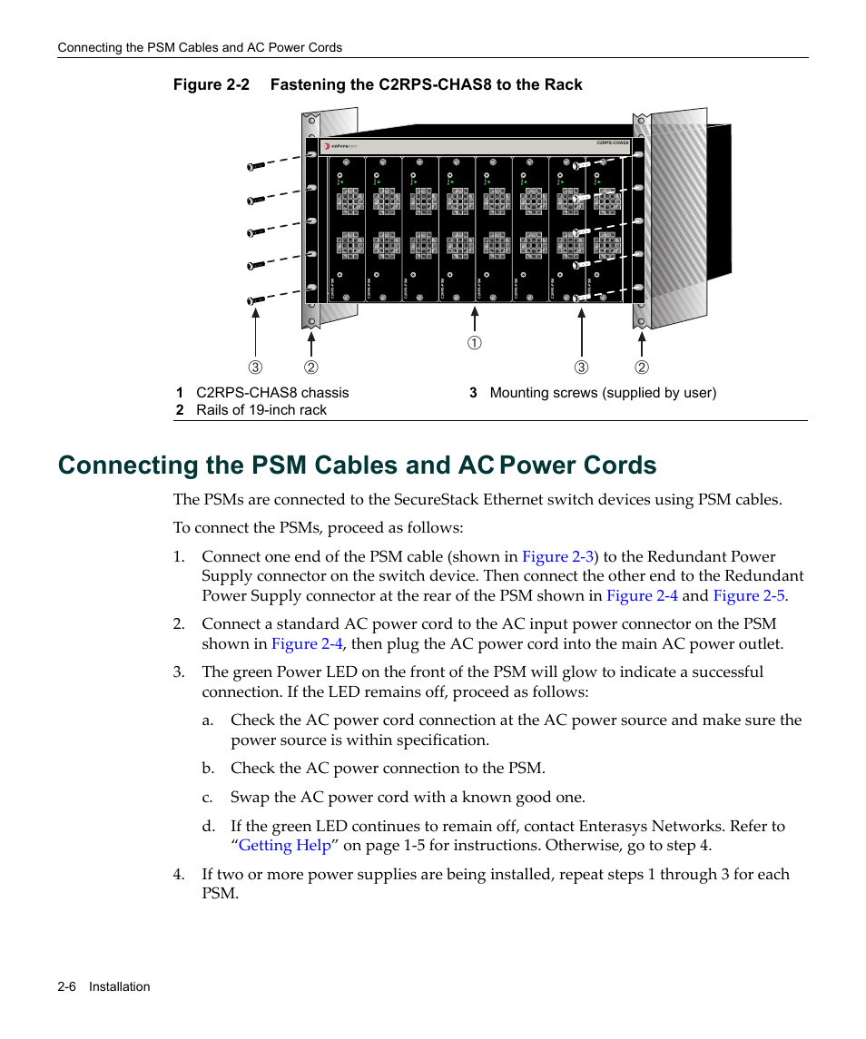 Connecting the psm cables and ac power cords, Connecting the psm cables and ac power cords -6, Fastening the c2rps-chas8 to the rack -6 | Connecting the psm cables and ac, Power cords, Аб б в в, Figure 2-2 fastening the c2rps-chas8 to the rack | Enterasys Networks C2RPS-SYS User Manual | Page 28 / 34