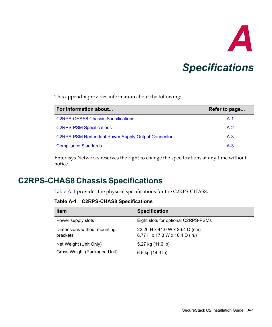 Specifications, C2rps-chas8 chassis specifications, Appendix a: specifications | Appendix a, C2rps-chas8, Chassis | Enterasys Networks C2RPS-SYS User Manual | Page 31 / 34