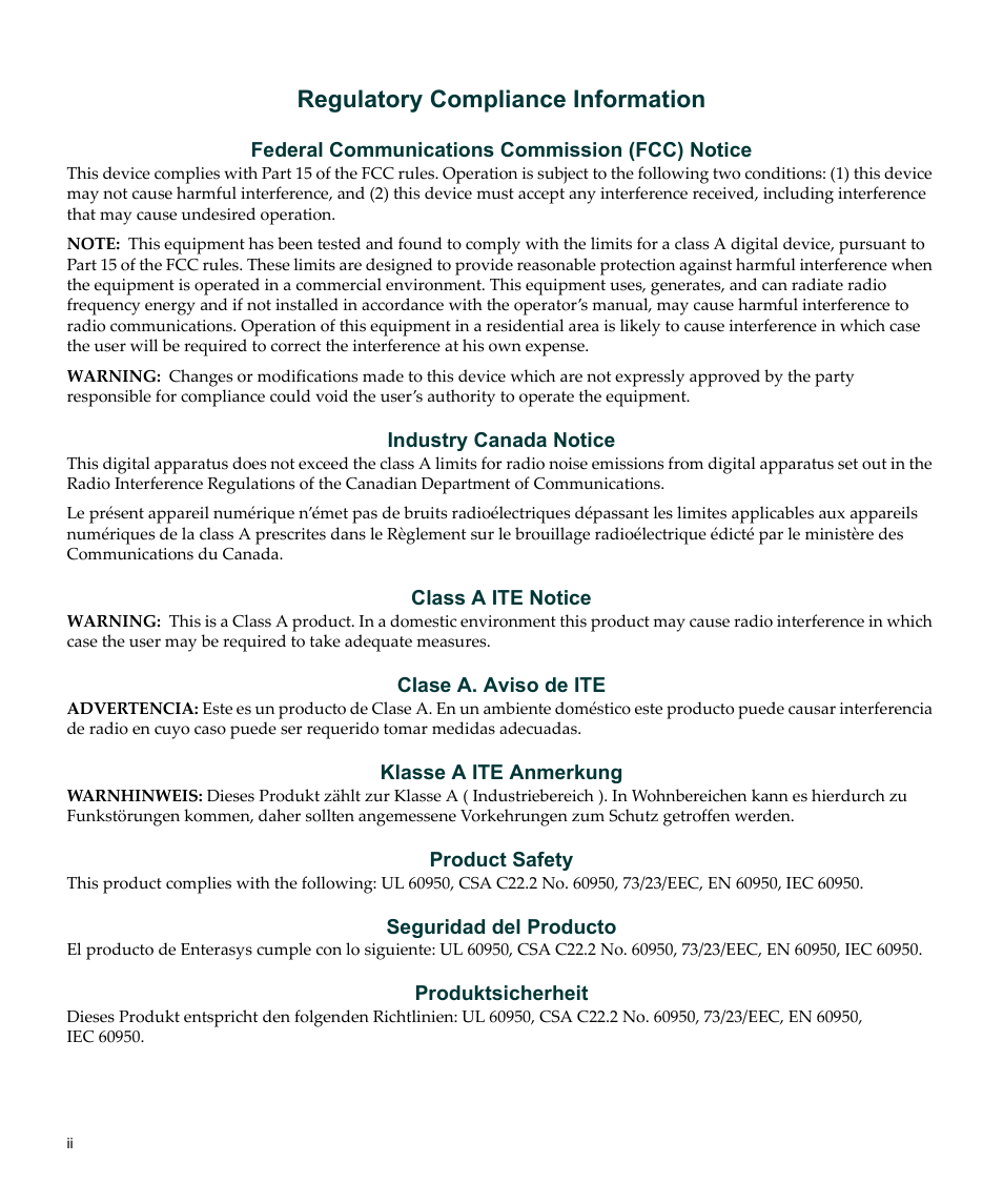 Regulatory compliance information | Enterasys Networks C2RPS-SYS User Manual | Page 4 / 34