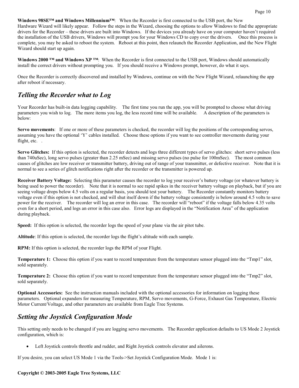 Telling the recorder what to log, Setting the joystick configuration mode | Eagle Tree Systems Seagull Glide User Manual | Page 10 / 22