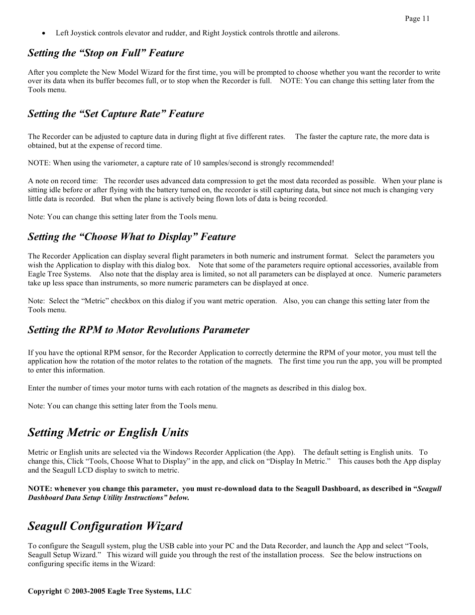 Setting metric or english units, Seagull configuration wizard, Setting the “stop on full” feature | Setting the “set capture rate” feature, Setting the “choose what to display” feature, Setting the rpm to motor revolutions parameter | Eagle Tree Systems Seagull Glide User Manual | Page 11 / 22