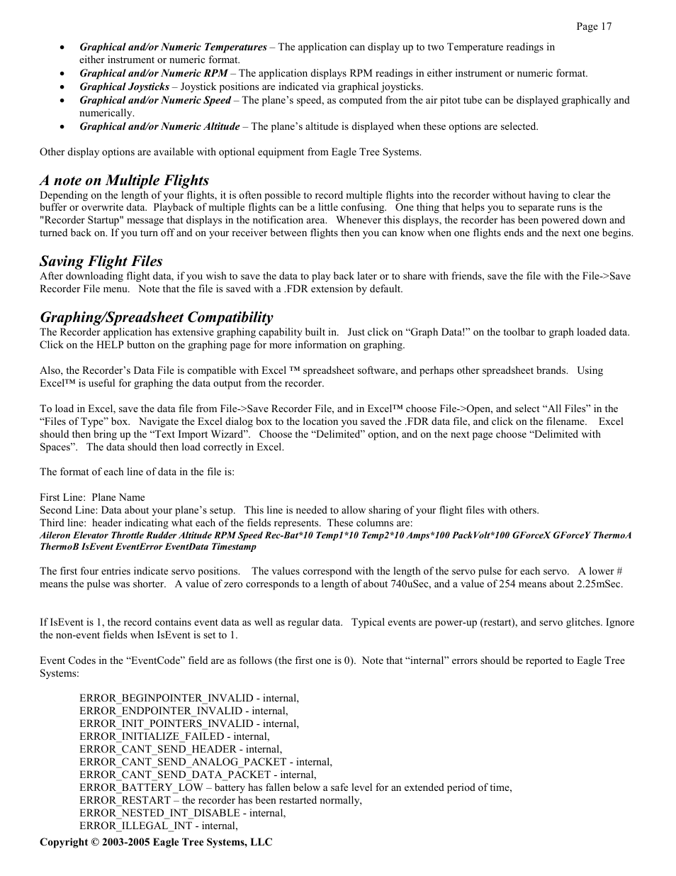 Saving flight files, Graphing/spreadsheet compatibility | Eagle Tree Systems Seagull Glide User Manual | Page 17 / 22