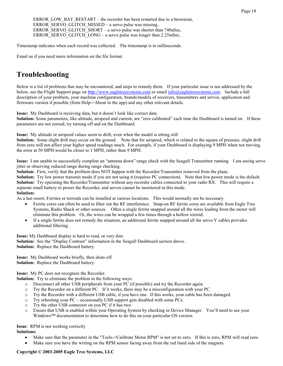 Troubleshooting | Eagle Tree Systems Seagull Glide User Manual | Page 18 / 22