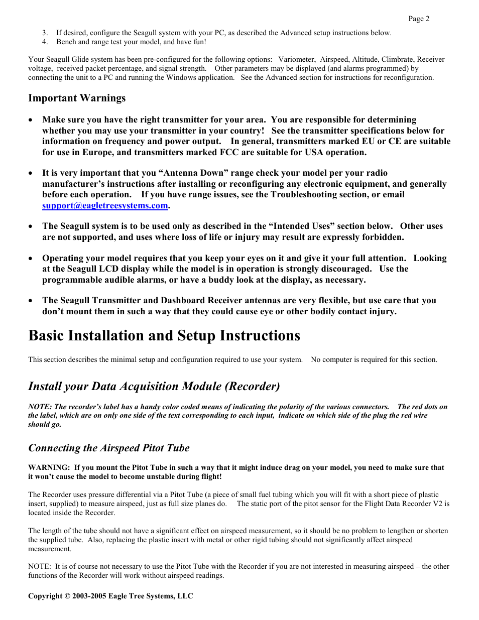 Basic installation and setup instructions, Install your data acquisition module (recorder) | Eagle Tree Systems Seagull Glide User Manual | Page 2 / 22