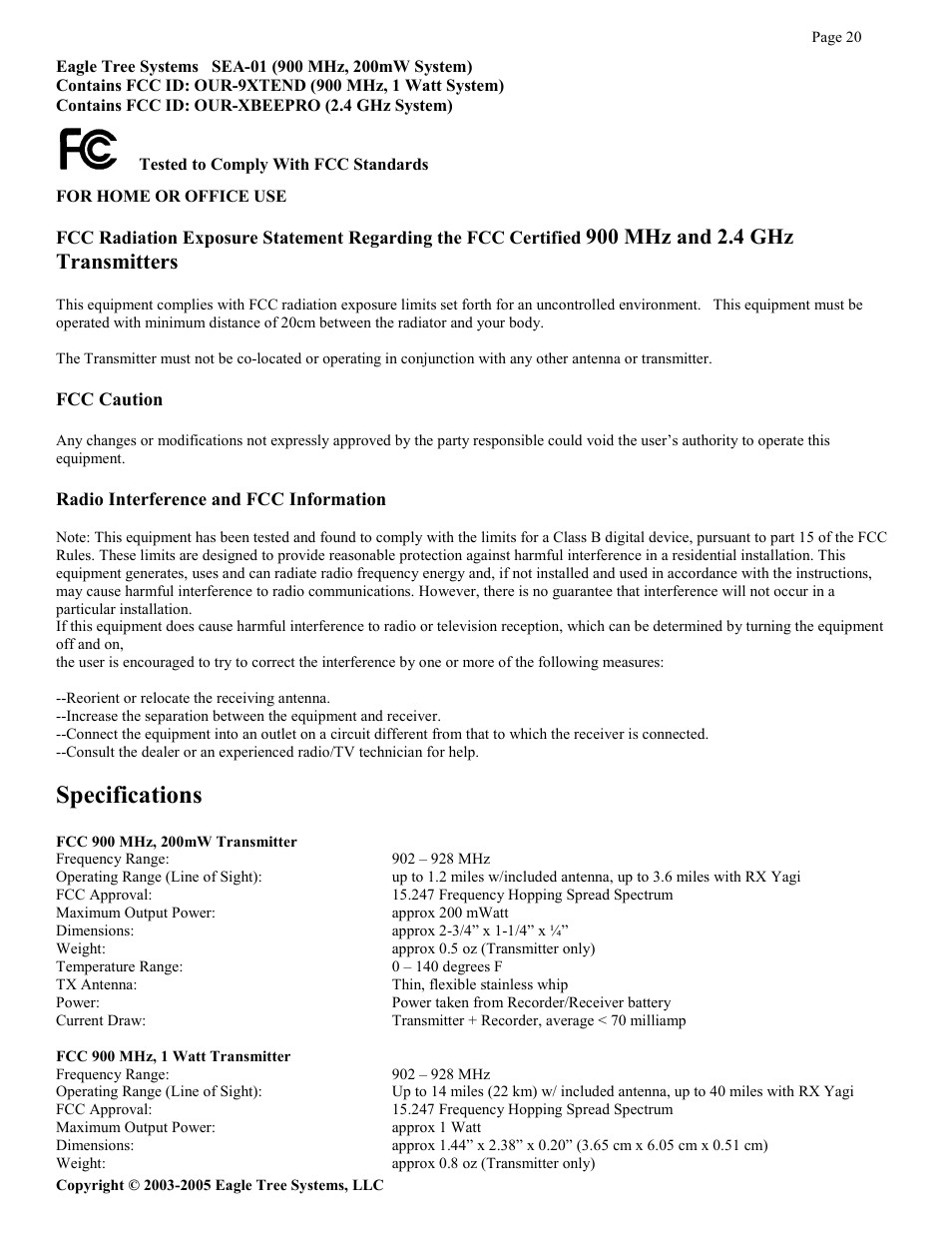 Specifications | Eagle Tree Systems Seagull Glide User Manual | Page 20 / 22