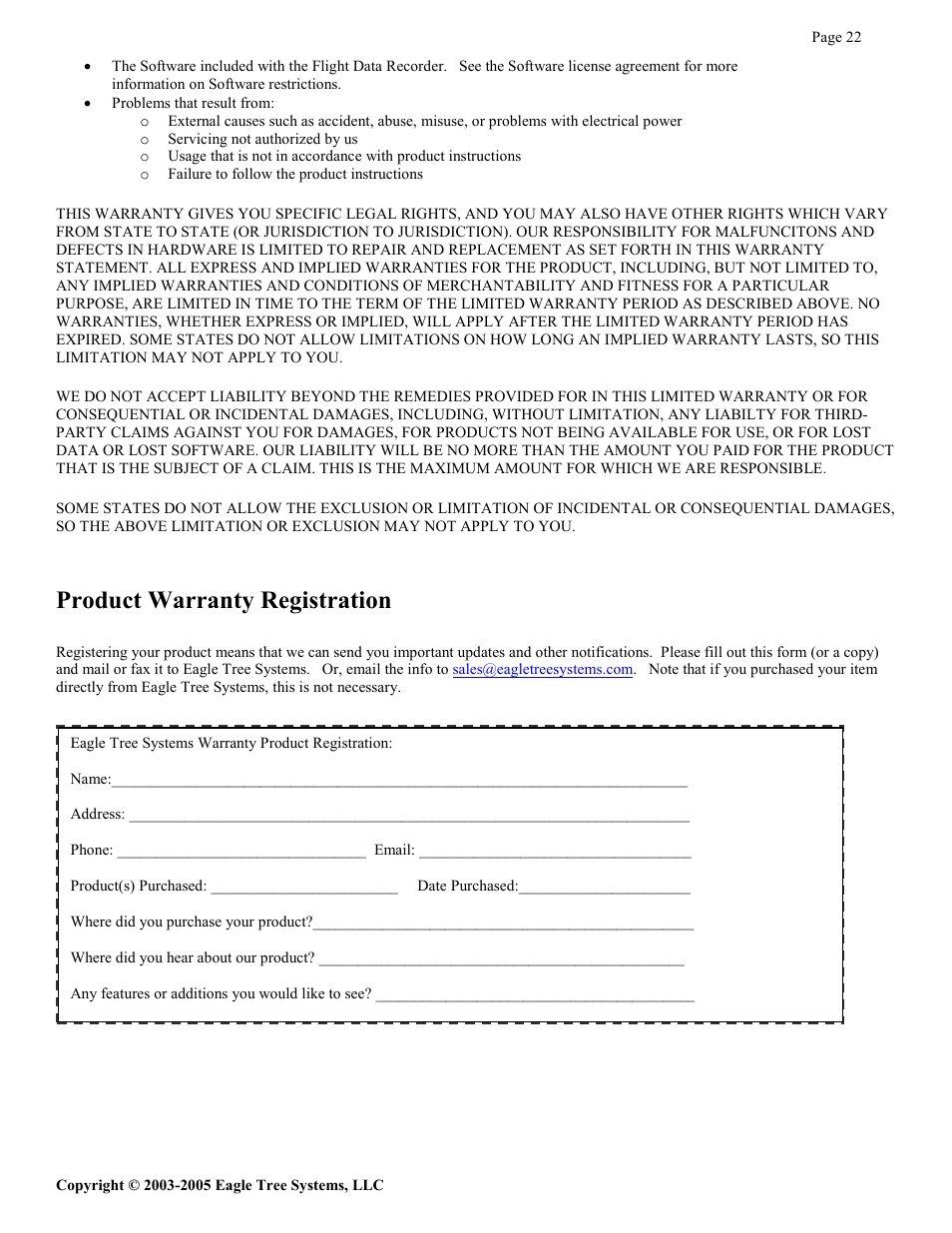 Product warranty registration | Eagle Tree Systems Seagull Glide User Manual | Page 22 / 22