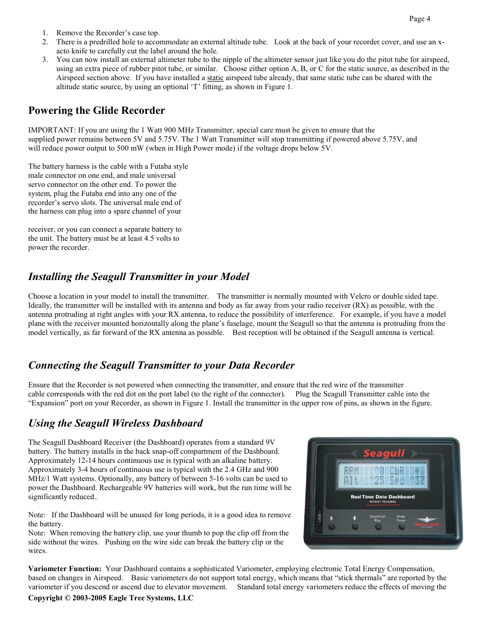 Powering the glide recorder, Installing the seagull transmitter in your model, Using the seagull wireless dashboard | Eagle Tree Systems Seagull Glide User Manual | Page 4 / 22