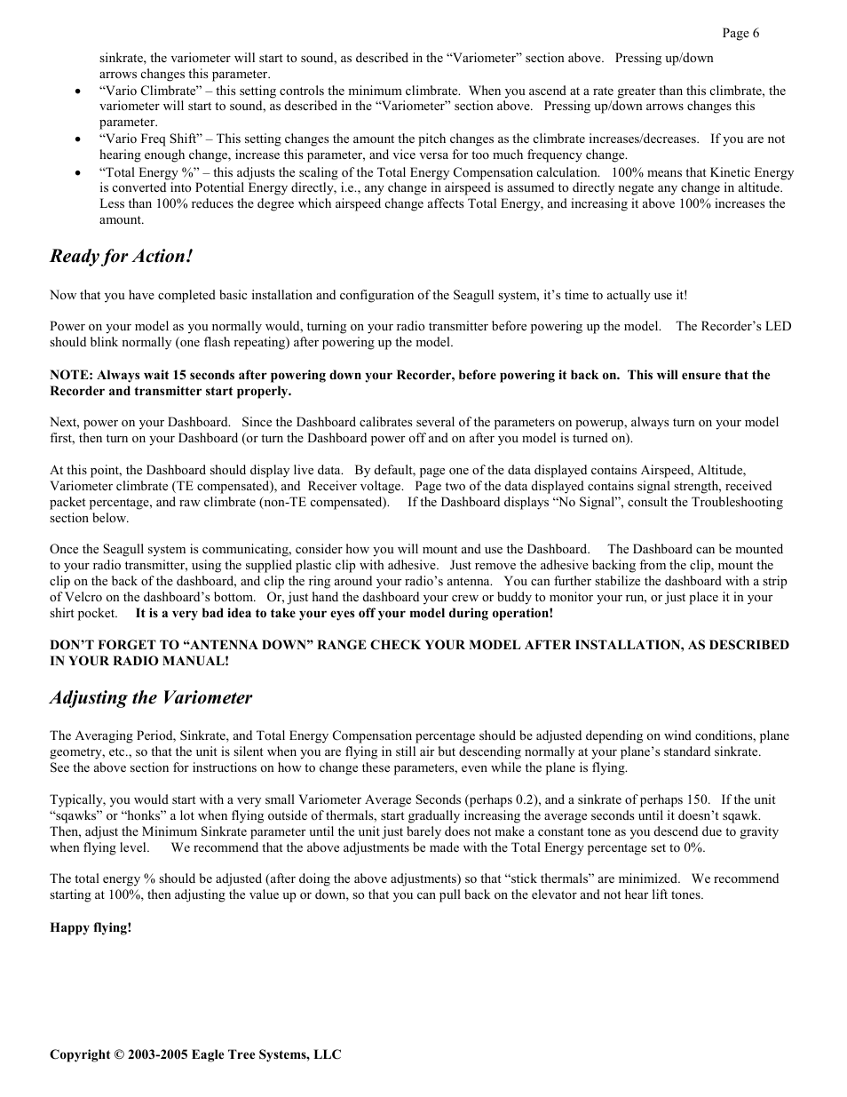 Ready for action, Adjusting the variometer | Eagle Tree Systems Seagull Glide User Manual | Page 6 / 22