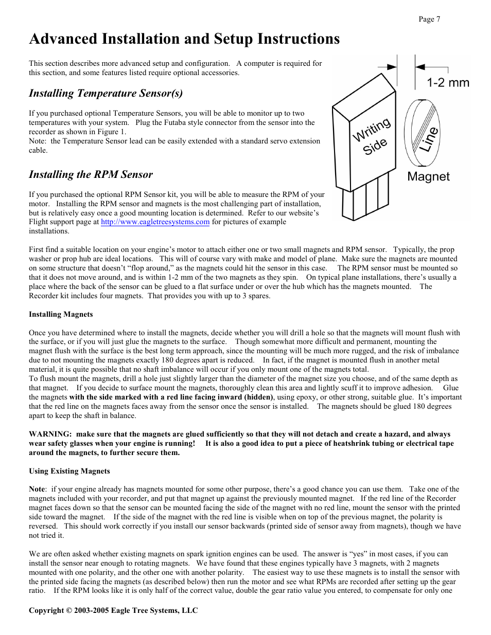 Advanced installation and setup instructions, Installing temperature sensor(s), Installing the rpm sensor | Eagle Tree Systems Seagull Glide User Manual | Page 7 / 22