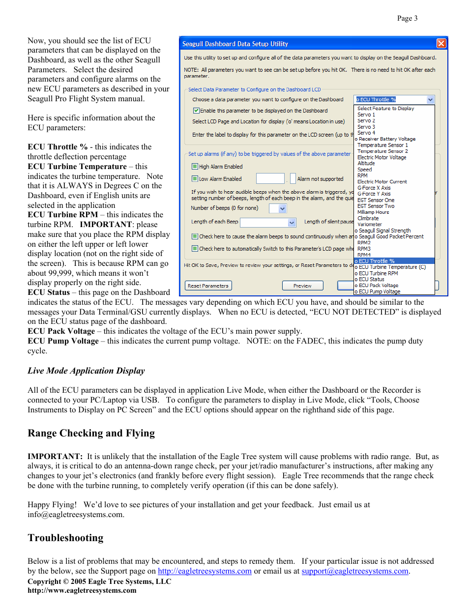 Range checking and flying, Troubleshooting | Eagle Tree Systems ECU-JETCAT User Manual | Page 3 / 4