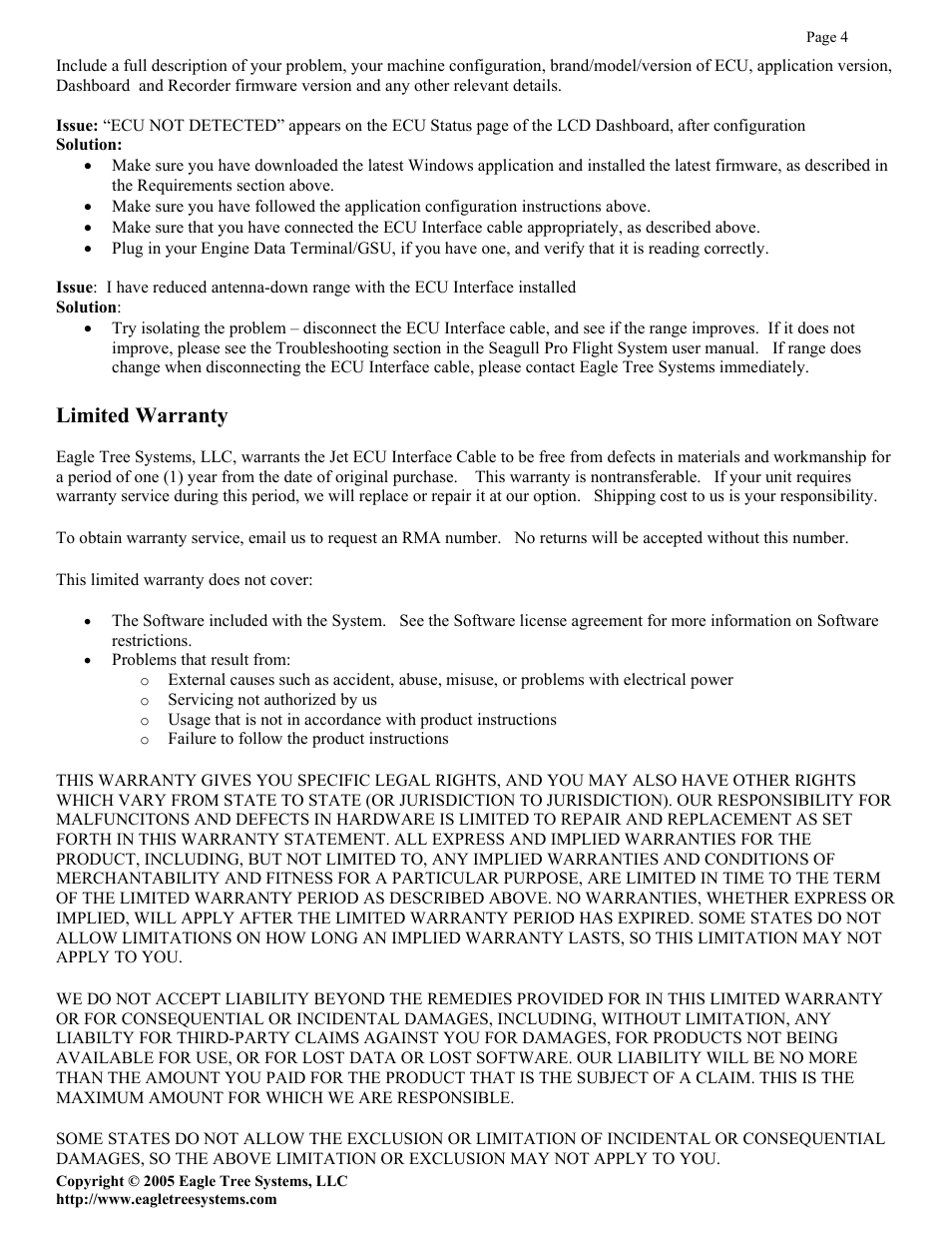 Limited warranty | Eagle Tree Systems ECU-JETCAT User Manual | Page 4 / 4