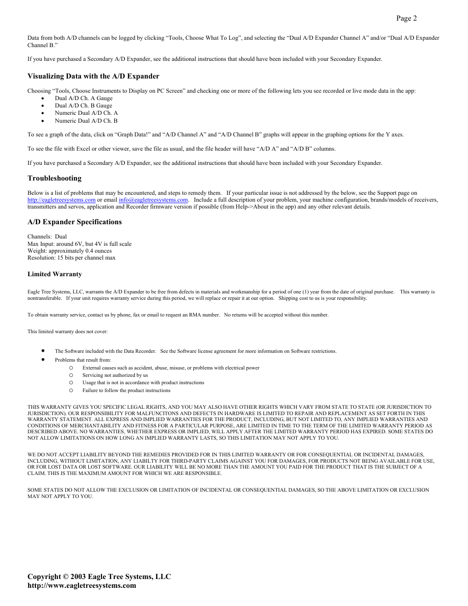 Eagle Tree Systems AD-02 User Manual | Page 2 / 2