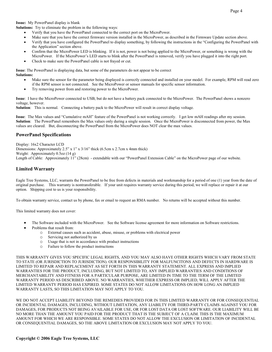 Eagle Tree Systems PowerPanel LCD Display Expander User Manual | Page 4 / 4