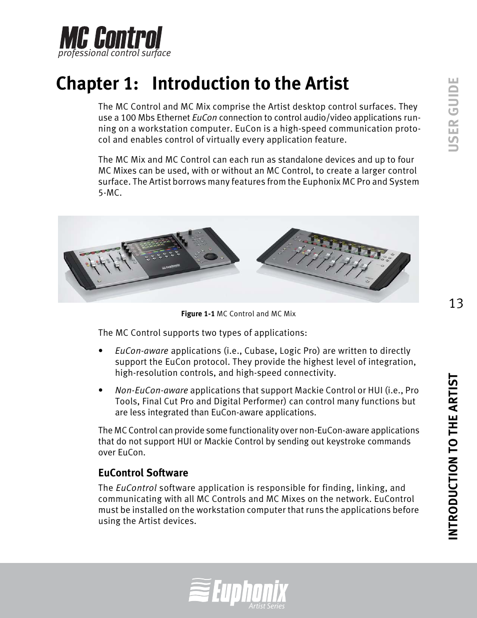 Chapter 1: introduction to the artist, Eucontrol software, Chapter 1 | Introduction to the artist, Mc control and mc mix, User guide | Euphonix MC Control User Manual | Page 13 / 60