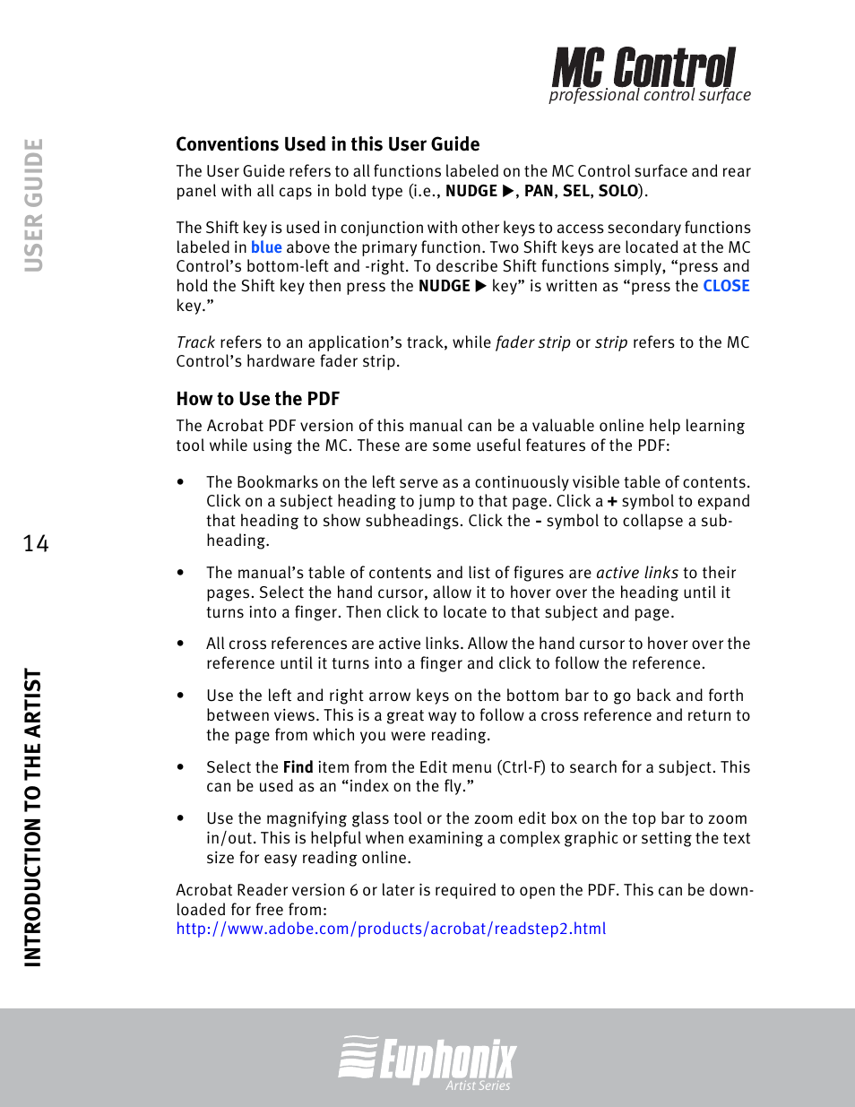 Conventions used in this user guide, How to use the pdf, User guide | Introduction to the artist | Euphonix MC Control User Manual | Page 14 / 60