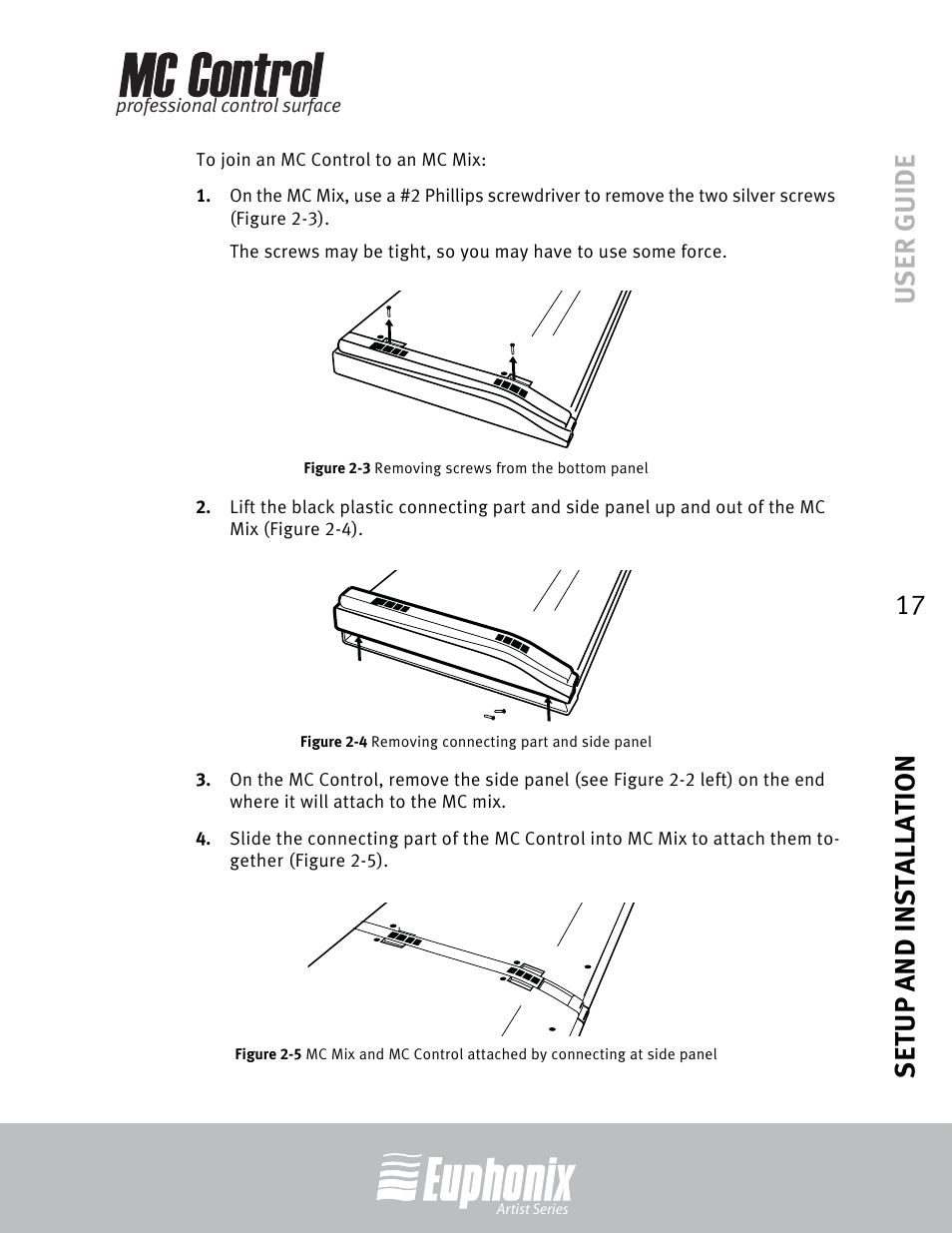 Removing screws from the bottom panel, Removing connecting part and side panel, User guide setup and installation 17 | Euphonix MC Control User Manual | Page 17 / 60