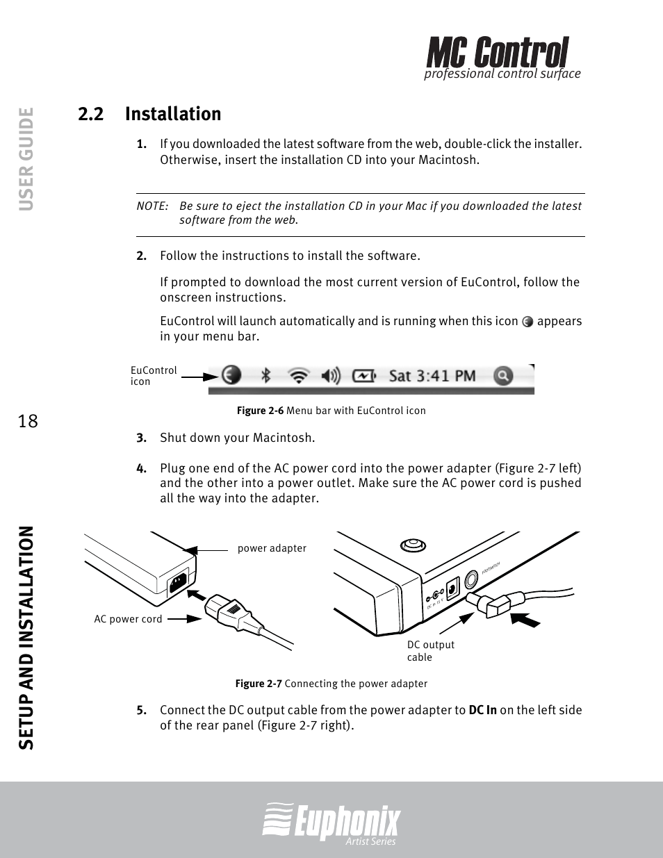 2 installation, Installation, Menu bar with eucontrol icon | Connecting the power adapter | Euphonix MC Control User Manual | Page 18 / 60
