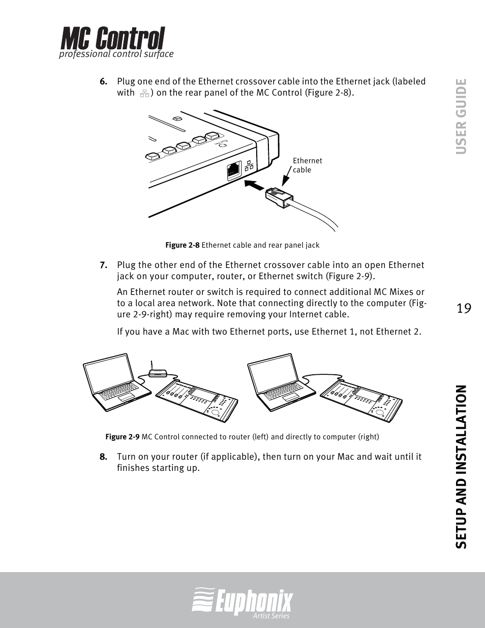 Ethernet cable and rear panel jack, User guide setup and installation 19 | Euphonix MC Control User Manual | Page 19 / 60