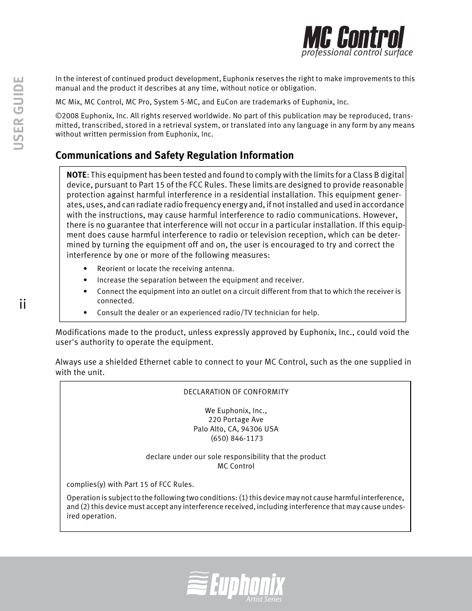 User guide ii, Communications and safety regulation information | Euphonix MC Control User Manual | Page 2 / 60