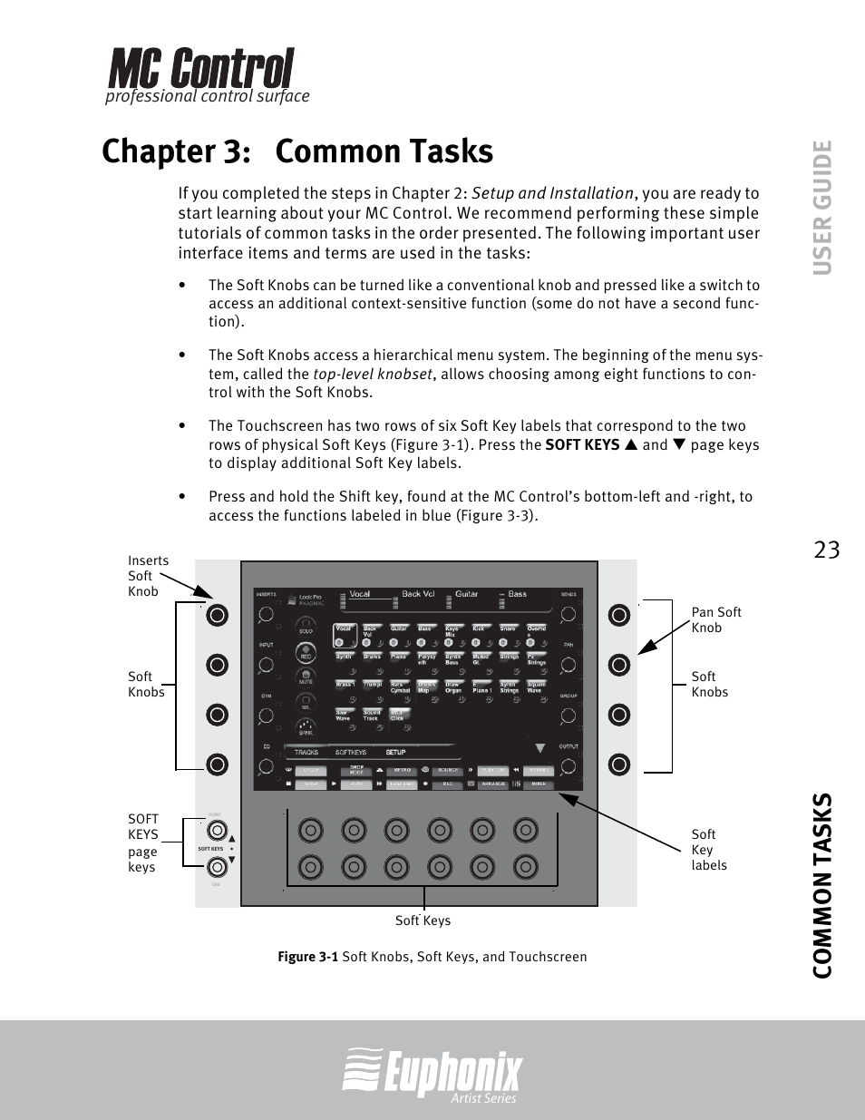 Chapter 3: common tasks, Chapter 3, Common tasks | Soft knobs, soft keys, and touchscreen, User guide common tasks 23 | Euphonix MC Control User Manual | Page 23 / 60