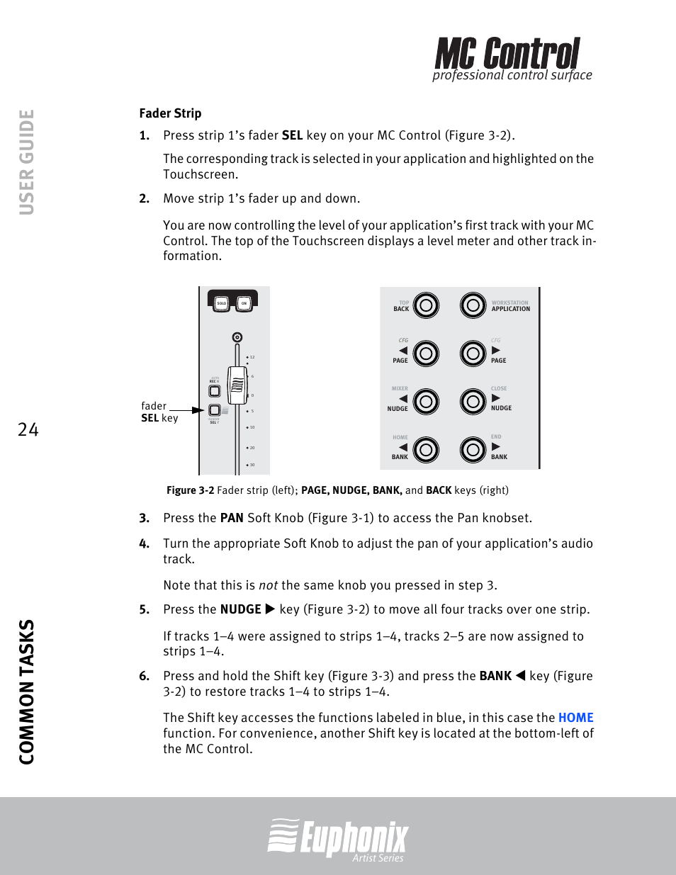 Fader strip, User guide common tasks 24, Professional control surface | Euphonix MC Control User Manual | Page 24 / 60