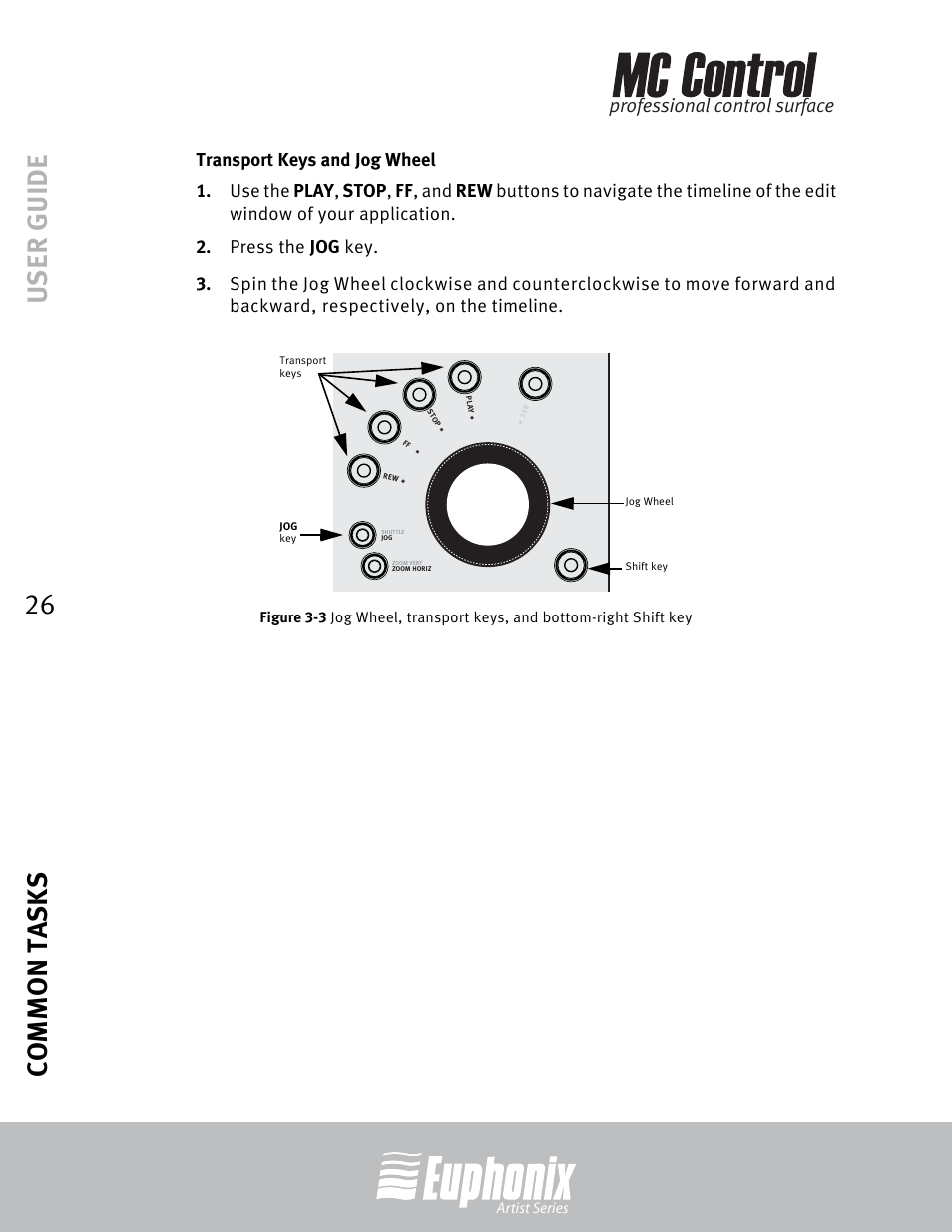 Transport keys and jog wheel, Figure 3-3) and press the, Nd hold the shift key (fig- ure 3-3) and press the | User guide common tasks 26, Professional control surface | Euphonix MC Control User Manual | Page 26 / 60
