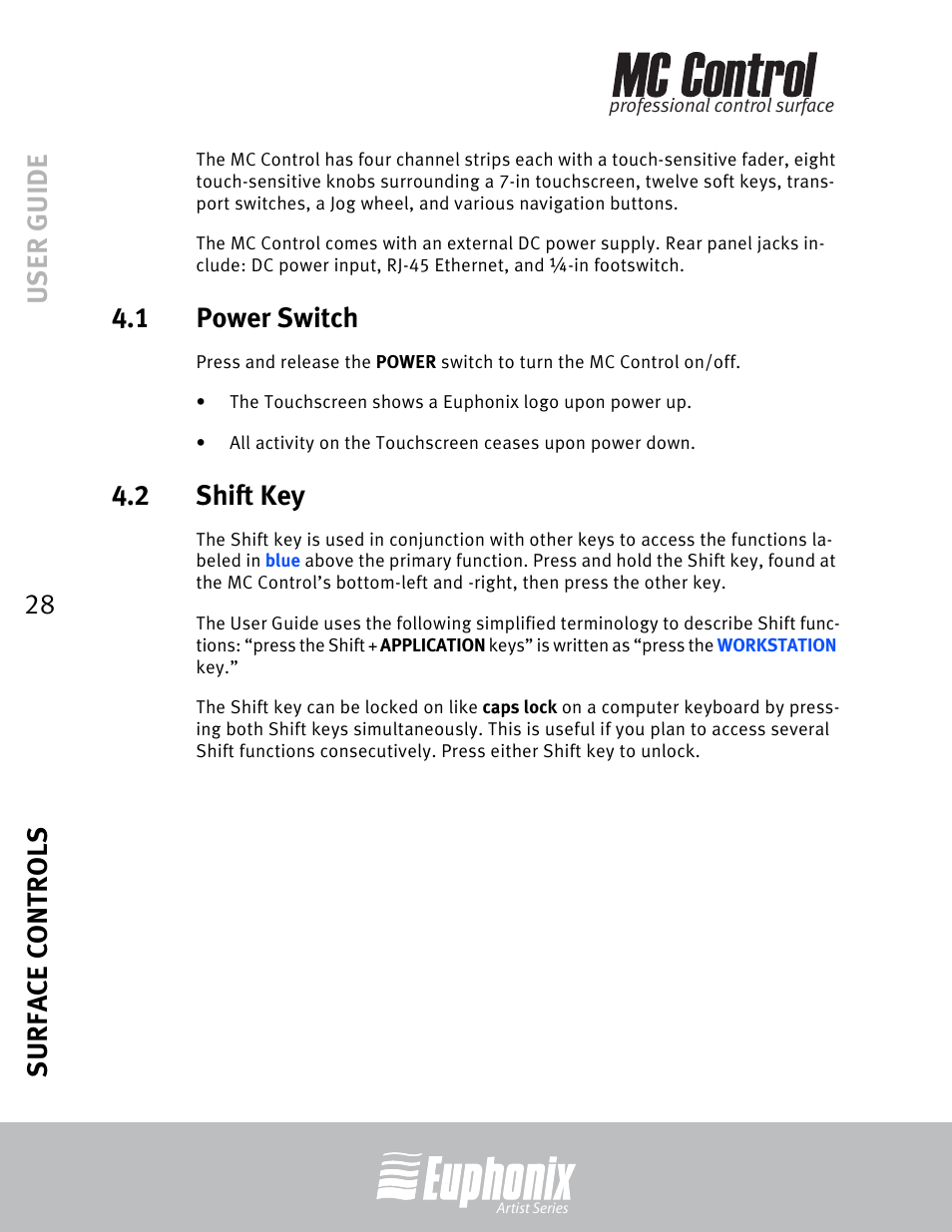 1 power switch, 2 shift key, Power switch | Shift key, User guide surface controls 28 | Euphonix MC Control User Manual | Page 28 / 60