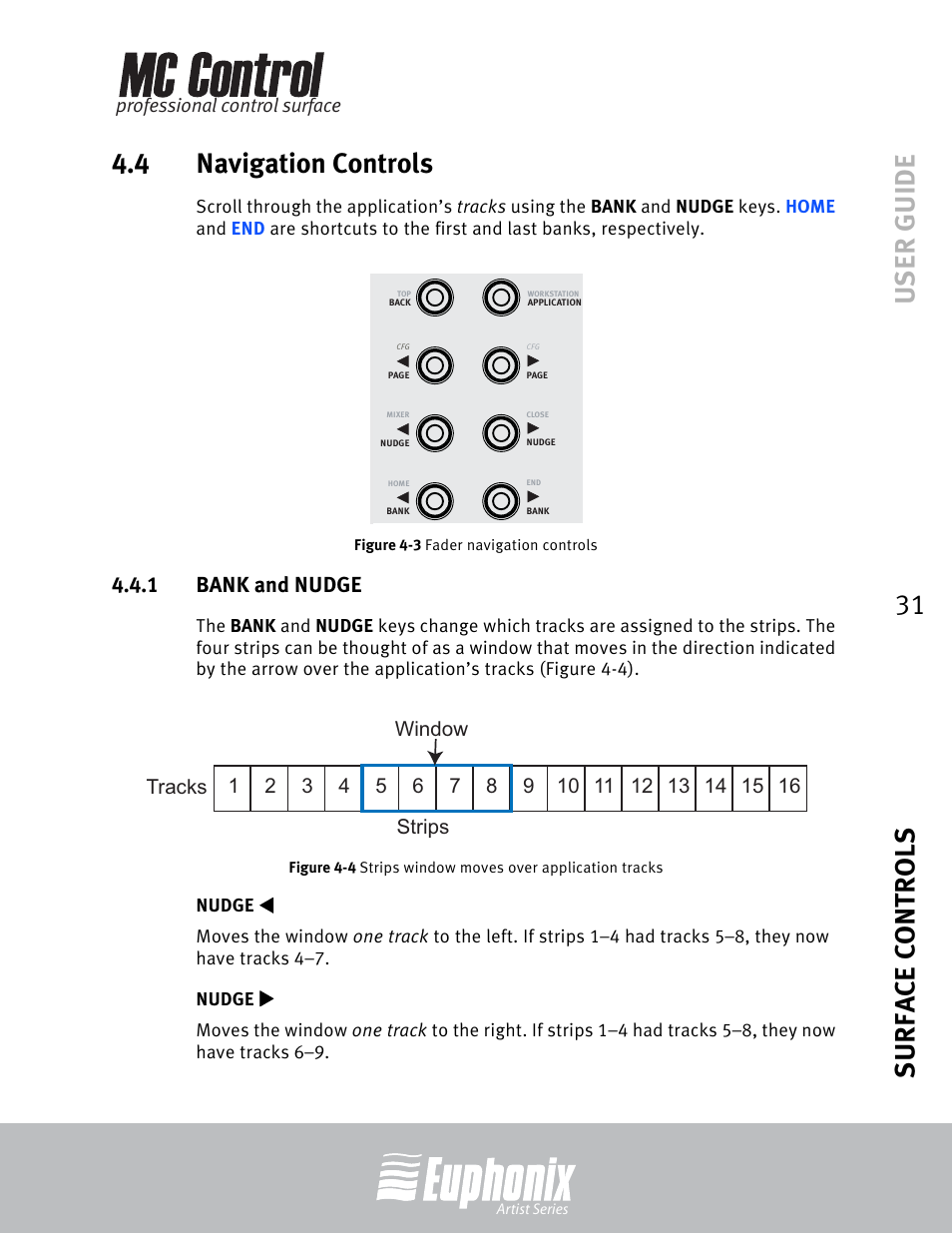 4 navigation controls, 1 bank and nudge, Nudge t | Nudge u, Navigation controls, Bank and nudge, Fader navigation controls, Strips window moves over application tracks | Euphonix MC Control User Manual | Page 31 / 60