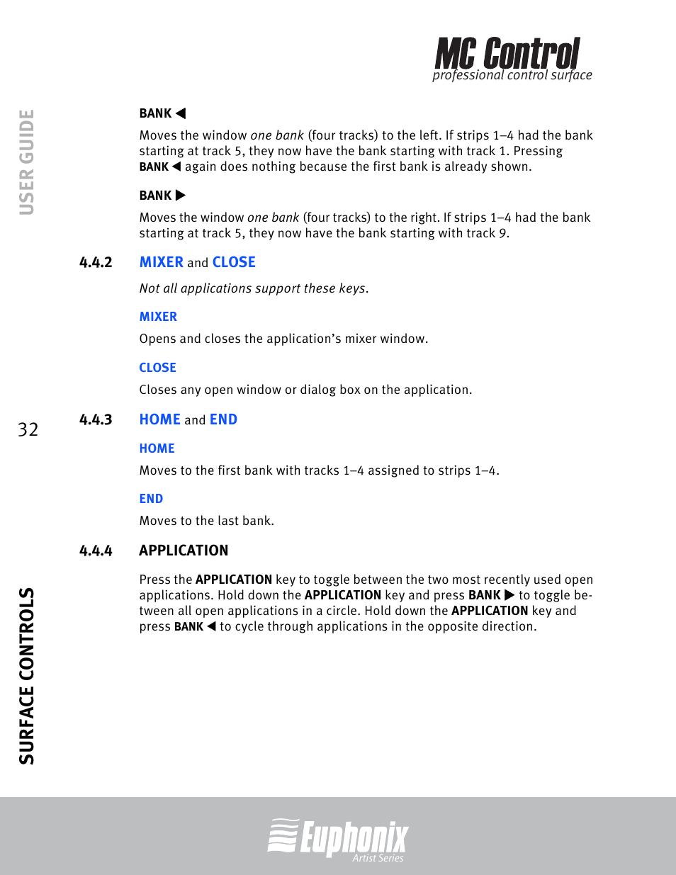 Bank t, Bank u, 2 mixer and close | Mixer, Close, 3 home and end, Home, 4 application, Application, User guide surface controls 32 | Euphonix MC Control User Manual | Page 32 / 60