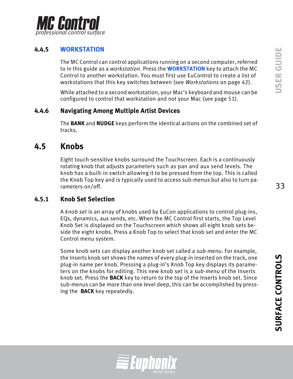 5 workstation, 6 navigating among multiple artist devices, 5 knobs | 1 knob set selection, Navigating among multiple artist devices, Knobs, Knob set selection, User guide surface controls 33 | Euphonix MC Control User Manual | Page 33 / 60
