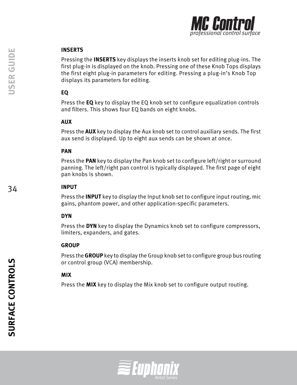Inserts, Input, Group | User guide surface controls 34 | Euphonix MC Control User Manual | Page 34 / 60