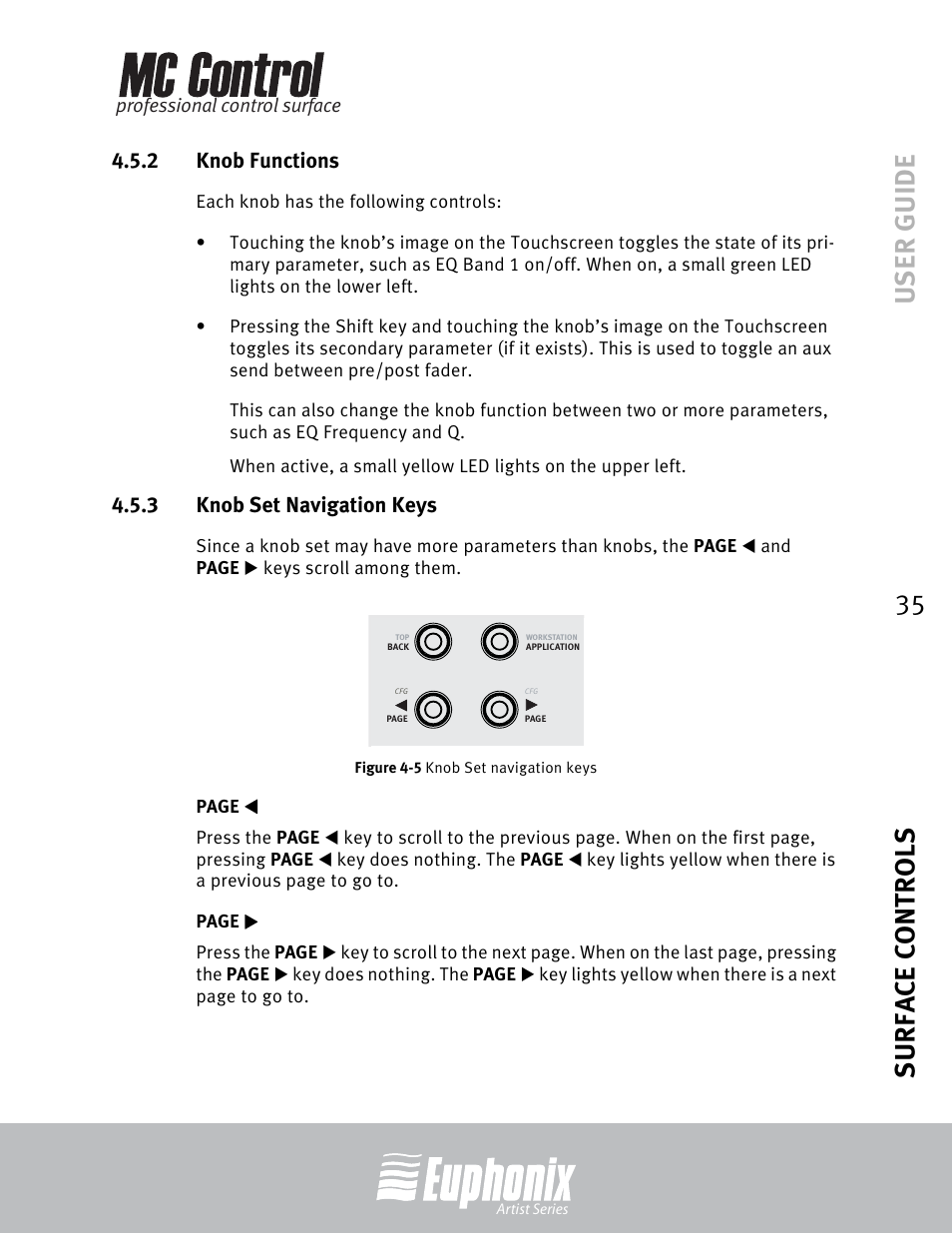 2 knob functions, 3 knob set navigation keys, Knob functions | Knob set navigation keys, User guide surface controls 35 | Euphonix MC Control User Manual | Page 35 / 60