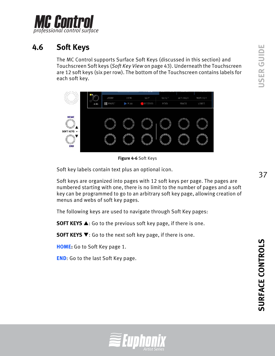 6 soft keys, Soft keys, User guide surface controls 37 4.6 soft keys | Euphonix MC Control User Manual | Page 37 / 60