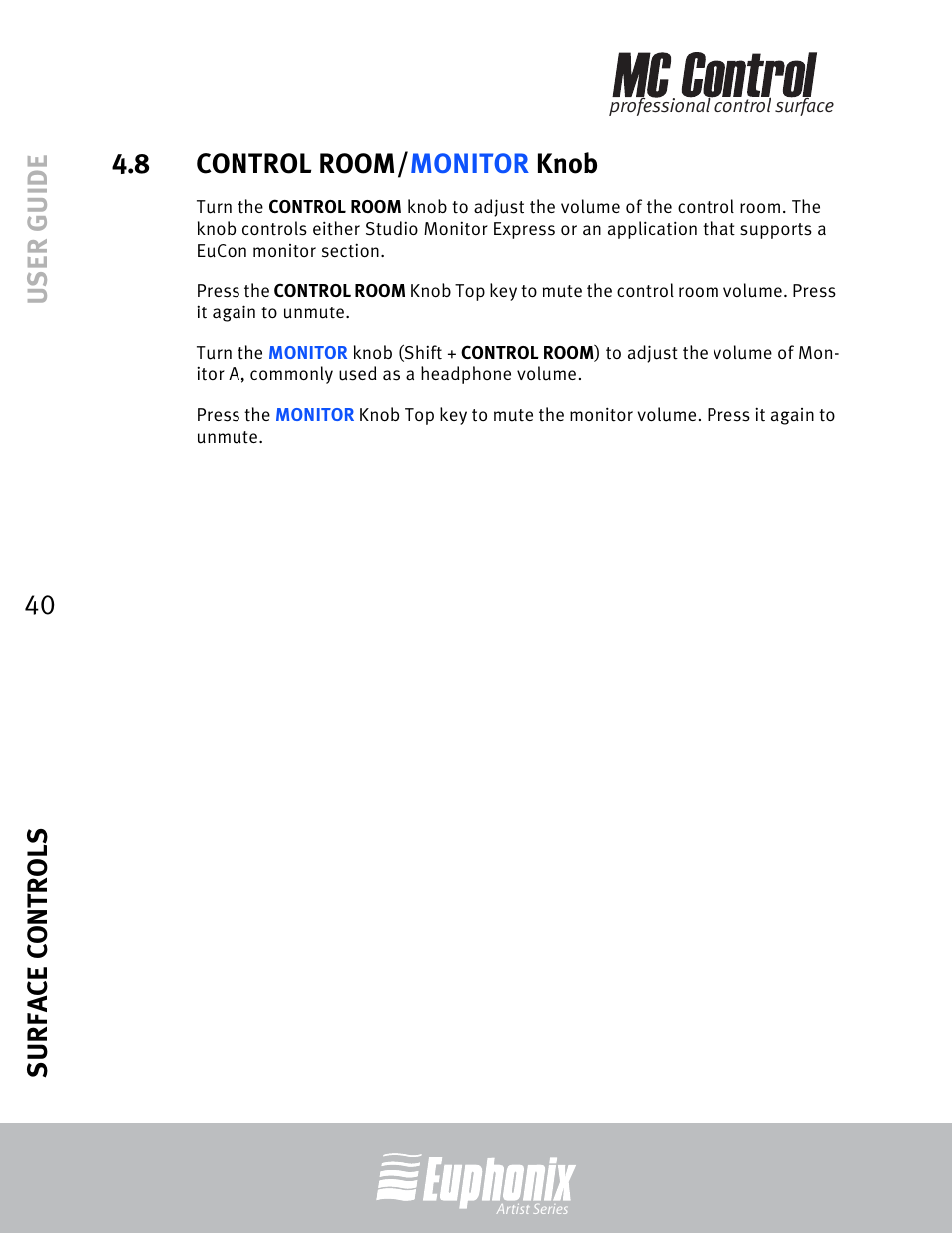 8 control room/monitor knob, Control room, Monitor | Euphonix MC Control User Manual | Page 40 / 60