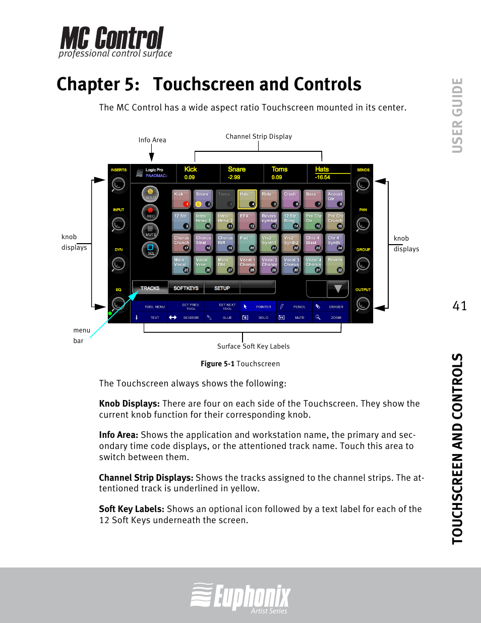 Chapter 5: touchscreen and controls, Chapter 5, Touchscreen and controls | Touchscreen, User guide touchscreen and controls 41 | Euphonix MC Control User Manual | Page 41 / 60
