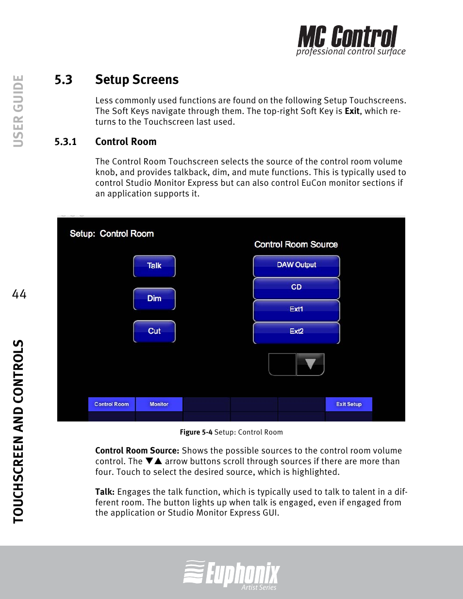 3 setup screens, 1 control room, Setup screens | Control room, Setup: control room | Euphonix MC Control User Manual | Page 44 / 60